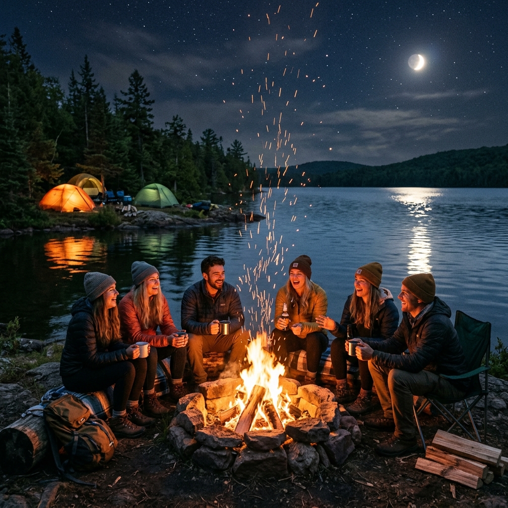 Campfire by lakeside