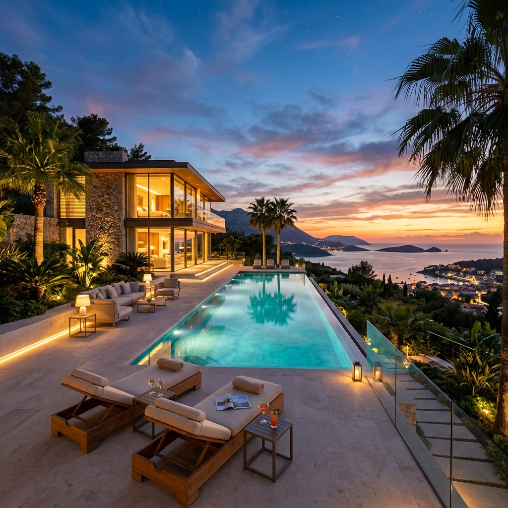 Luxurious villa with pool at dusk
